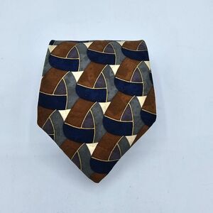 Mens Necktie Ziggurat Brown Gray Geometric Mulberry Silk Classic 56 x 4 Vintage